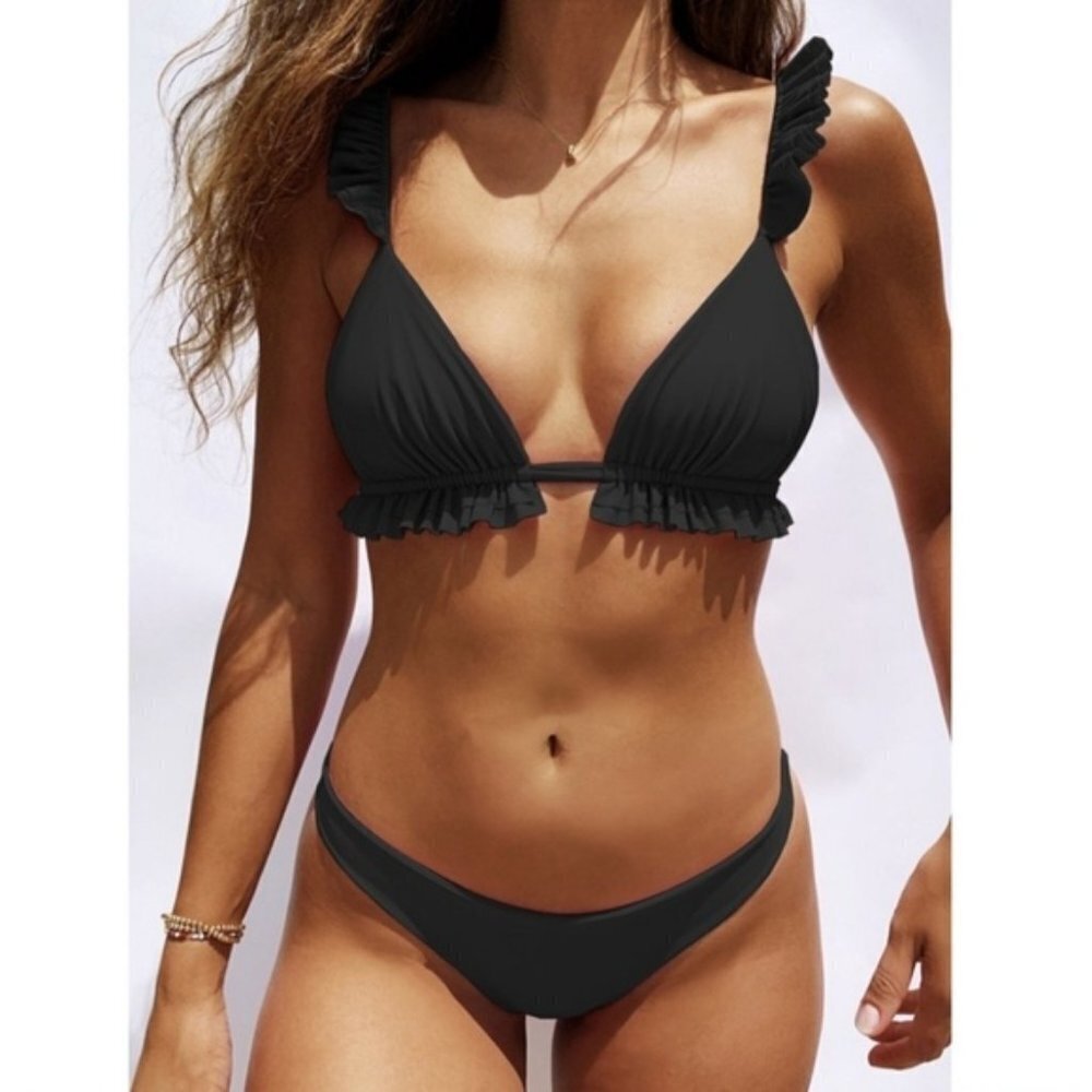 New Black Sexy Ruffle Bikini Set with Push up